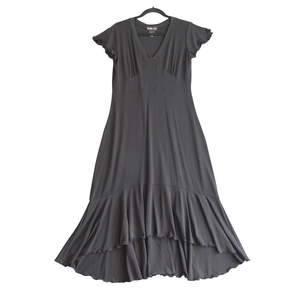 Vtg Y2K‎ Maxi Dress Womens M Black Asymmetric Ruffle Stretch Goth 90s Babydoll